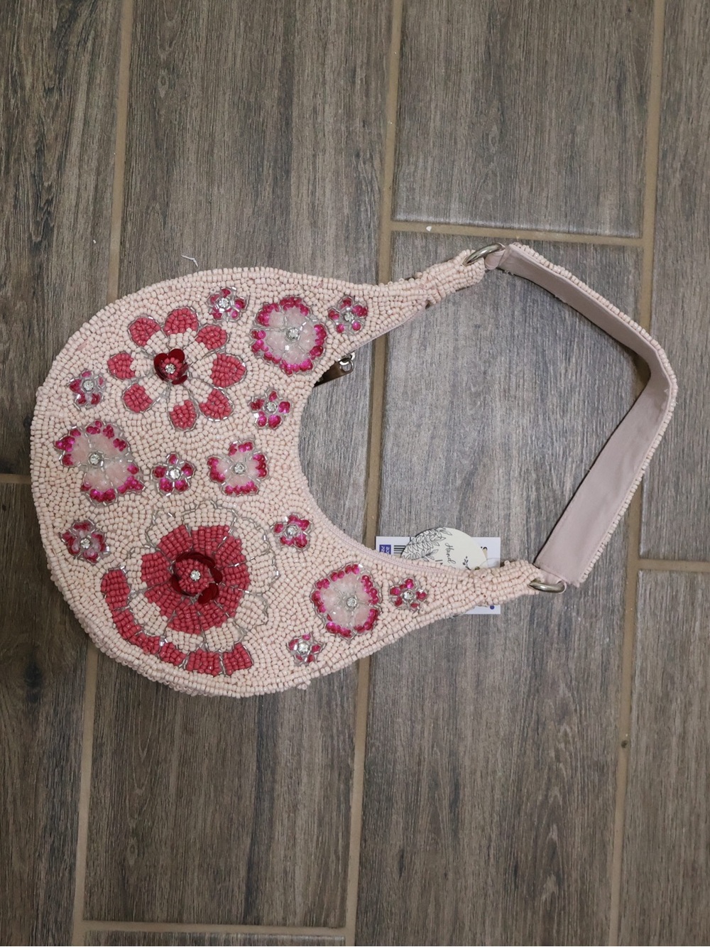 Beaded Pink Floral Crescent Shoulder Bag